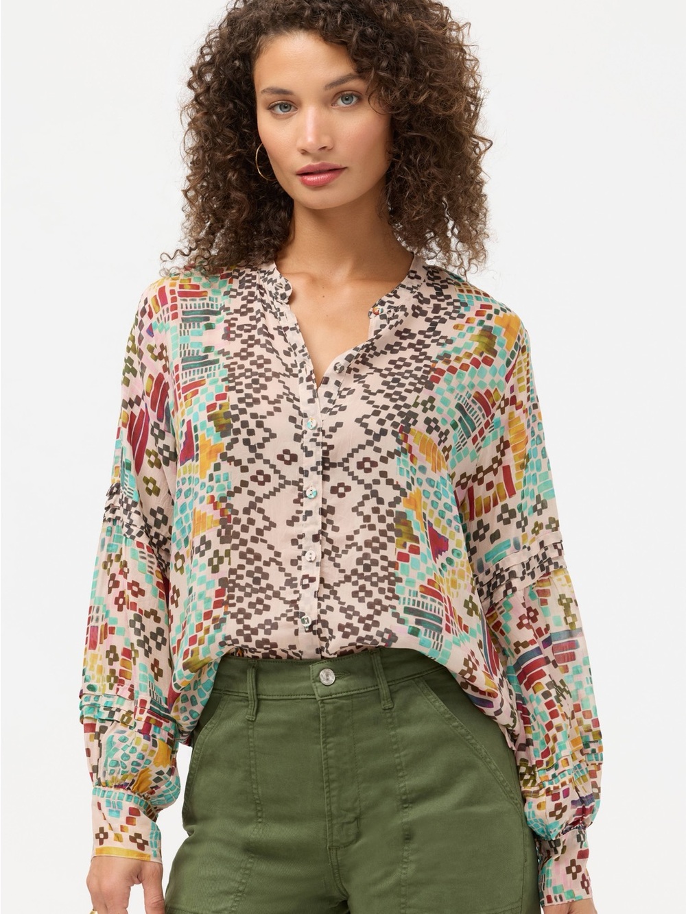 New! Johnny Was Multicolor Geo Print Button-Front Blouse Sz XL Eclectic Artisan